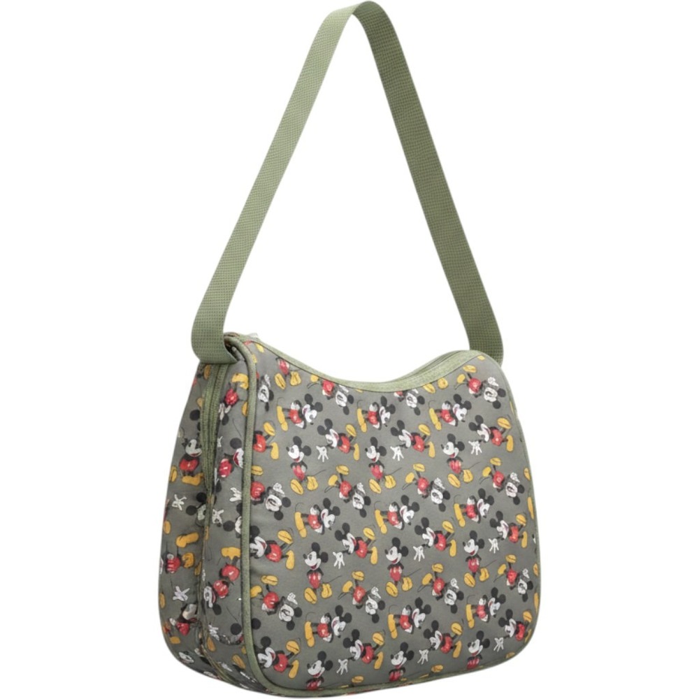 Disney Mickey Mouse Olive Green Nylon Shoulder Bag All Over Print Zip Top